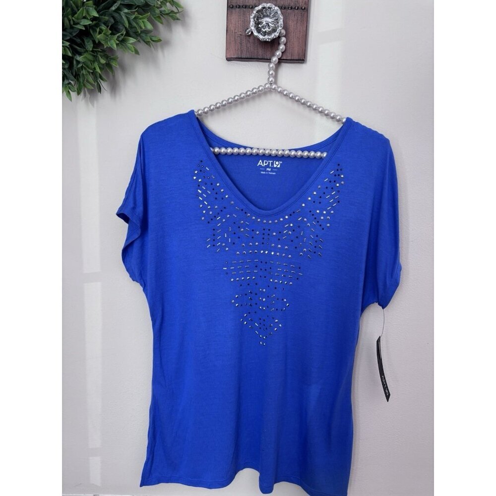 NWT Apt. 9 Petite Womens Size PM Blue Embellished T-Shirt Short Sleeve